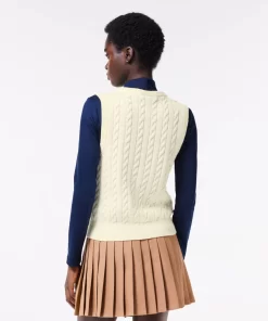 Pullovers-Lacoste Pullovers Cardigan Sans Manche A Torsades En Coton Et Laine