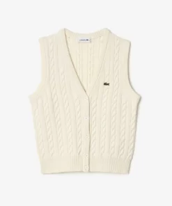 Pullovers-Lacoste Pullovers Cardigan Sans Manche A Torsades En Coton Et Laine