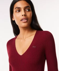 Pullovers-Lacoste Pullovers Pull Col V En Maille Cotelee Sans Couture