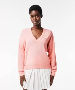 Pullovers-Lacoste Pullovers Pull Femme Col En V Uni En Laine