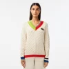 Pullovers-Lacoste Pullovers Pull Torsade Col V Femme Avec Details Colores